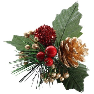 Artificial Berry Pick with Gold Pinecone - 14cm