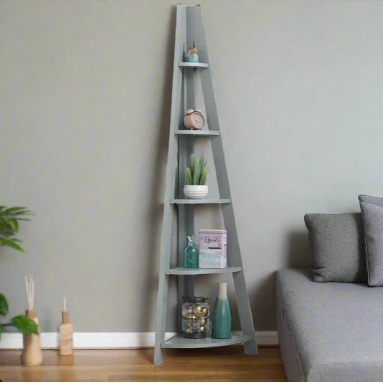 5-tier Ladder Bookcase Wooden Shelving Unit - Grey
