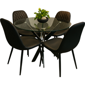 Round Glass Dining Table with 4 leather paded Chairs Dining Table Set