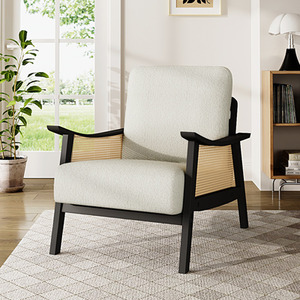 Plush Upholstered Wood Armchair with Rattan