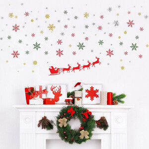 Santa's Sleigh and Colourful Snowflakes Christmas Wall Stickers