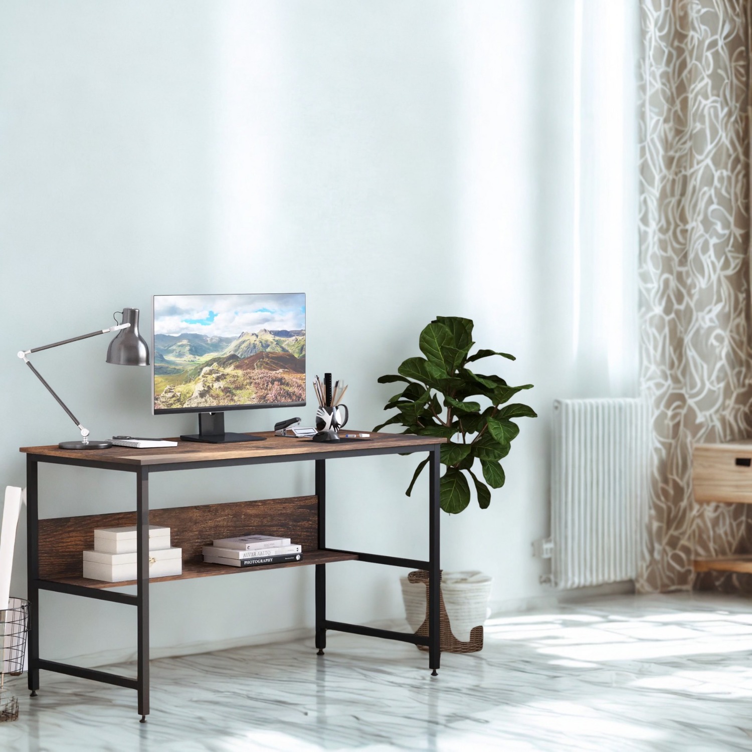 Industrial Rustic 2 Tier Computer Desk With Storage Shelf - Rustic Brown