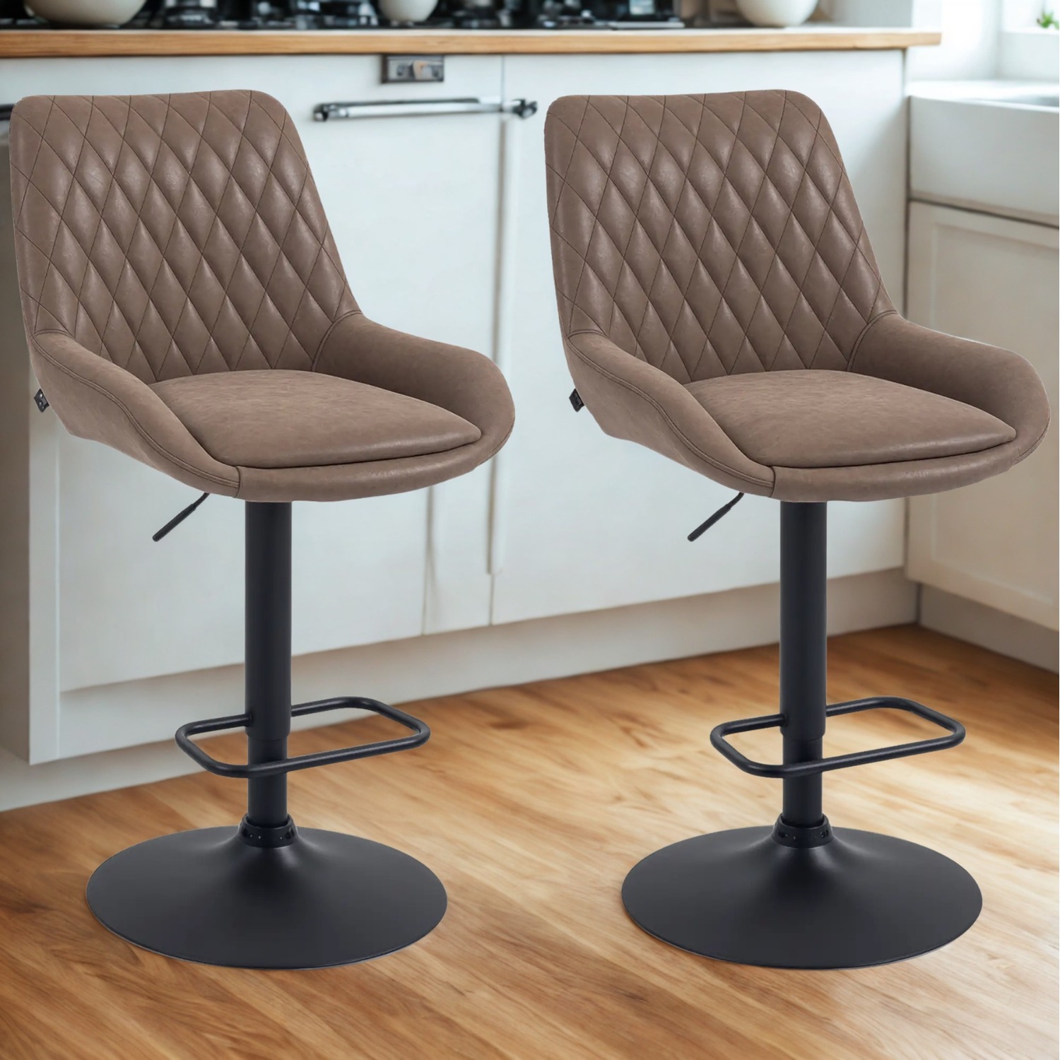 Set Of 2 Modern Faux Leather Bar Stools With Footrest - Coffee Brown