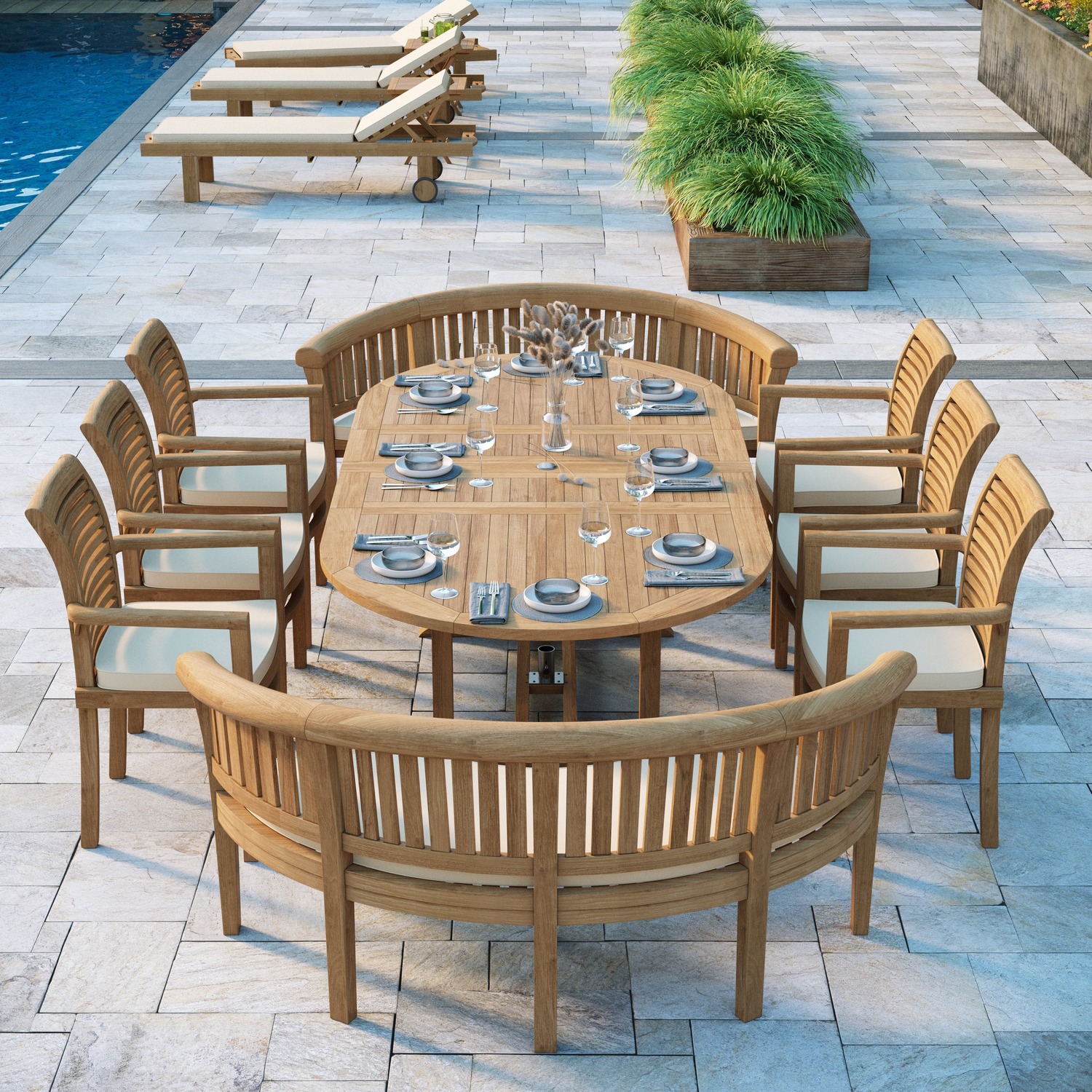 Corfu Teak Garden Dining Table And 10 Seat Chair Set - Teak Table 6 Chairs 2 Benches Cream Cushions