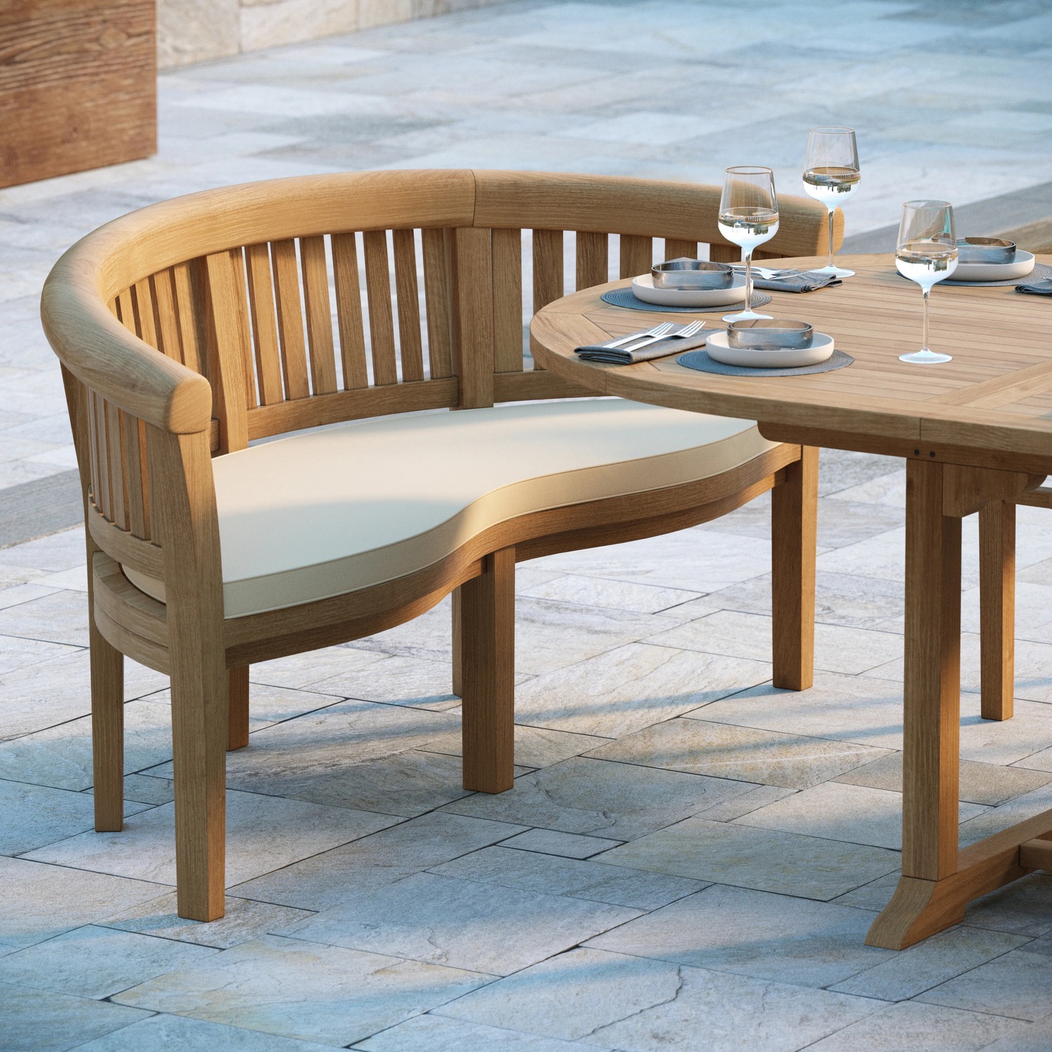 Athens Teak Garden Dining Table And 10 Seat Chair Set - Teak Table 8 Chairs 2 Benches Cream Cushions