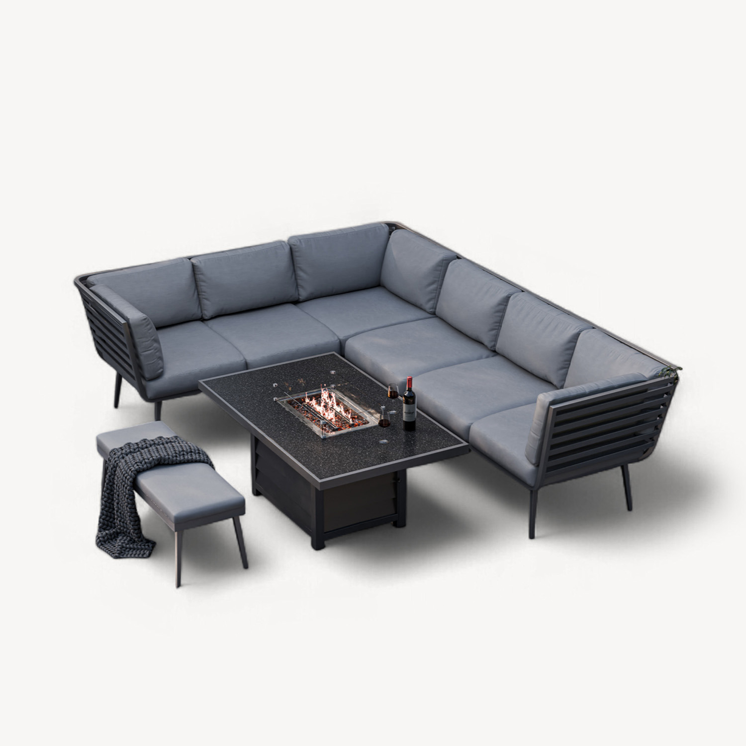 Mayfair Corner Lounging Set With Fire Pit In Grey - Grey