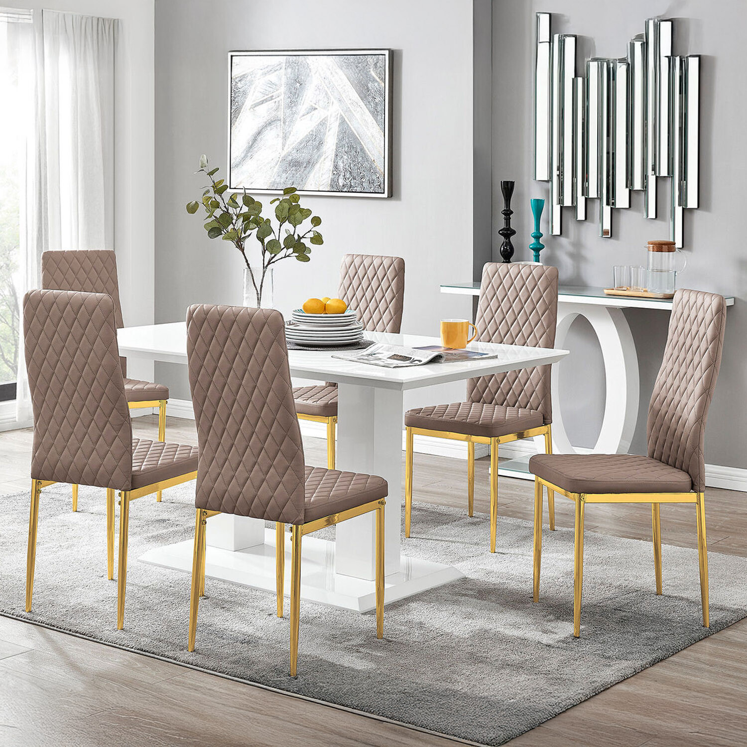 Imperia 6 White Dining Table and 6 Milan Gold Leg Chairs - Cappuccino