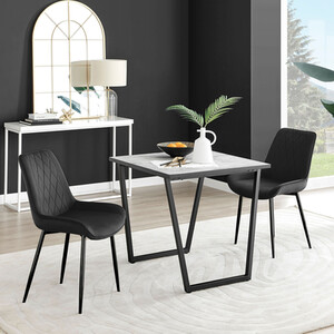 Carson White Marble Effect Square Dining Table and 2 Pesaro Black Leg Chairs