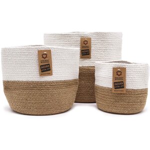 Set of Three White Cotton Rope Storage Baskets for Laundry Organization