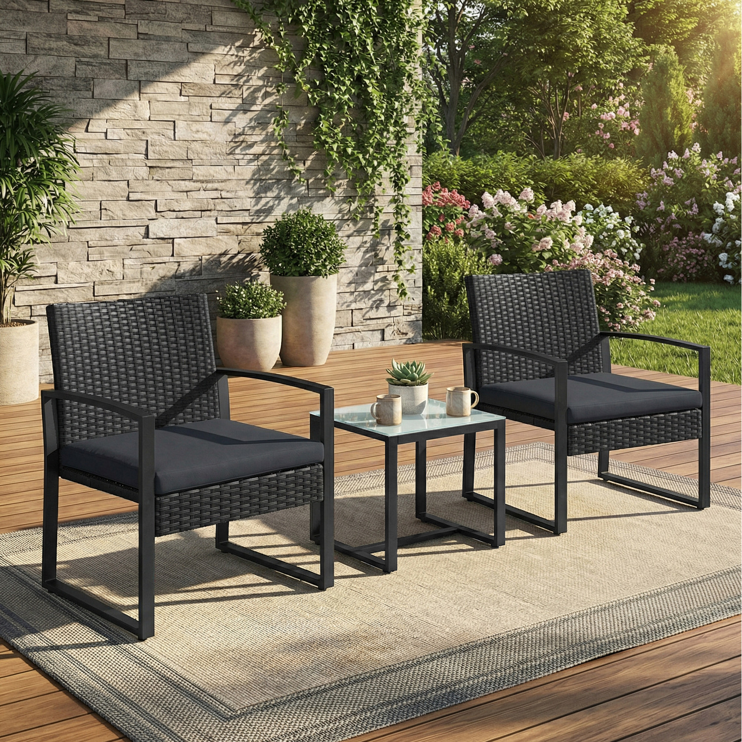 3-Piece Patio Conversation Set, Rattan Bistro Furniture, for Balcony or Porch - Black