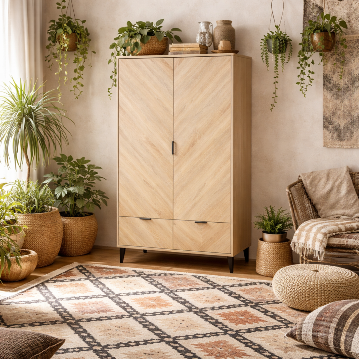 Skerries 2-Door Chevron Wardrobe, Matt White with Natural Oak Drawer Panels - Natural