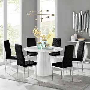 Palma White High Gloss Round Dining Table and 6 Velvet Milan Chairs