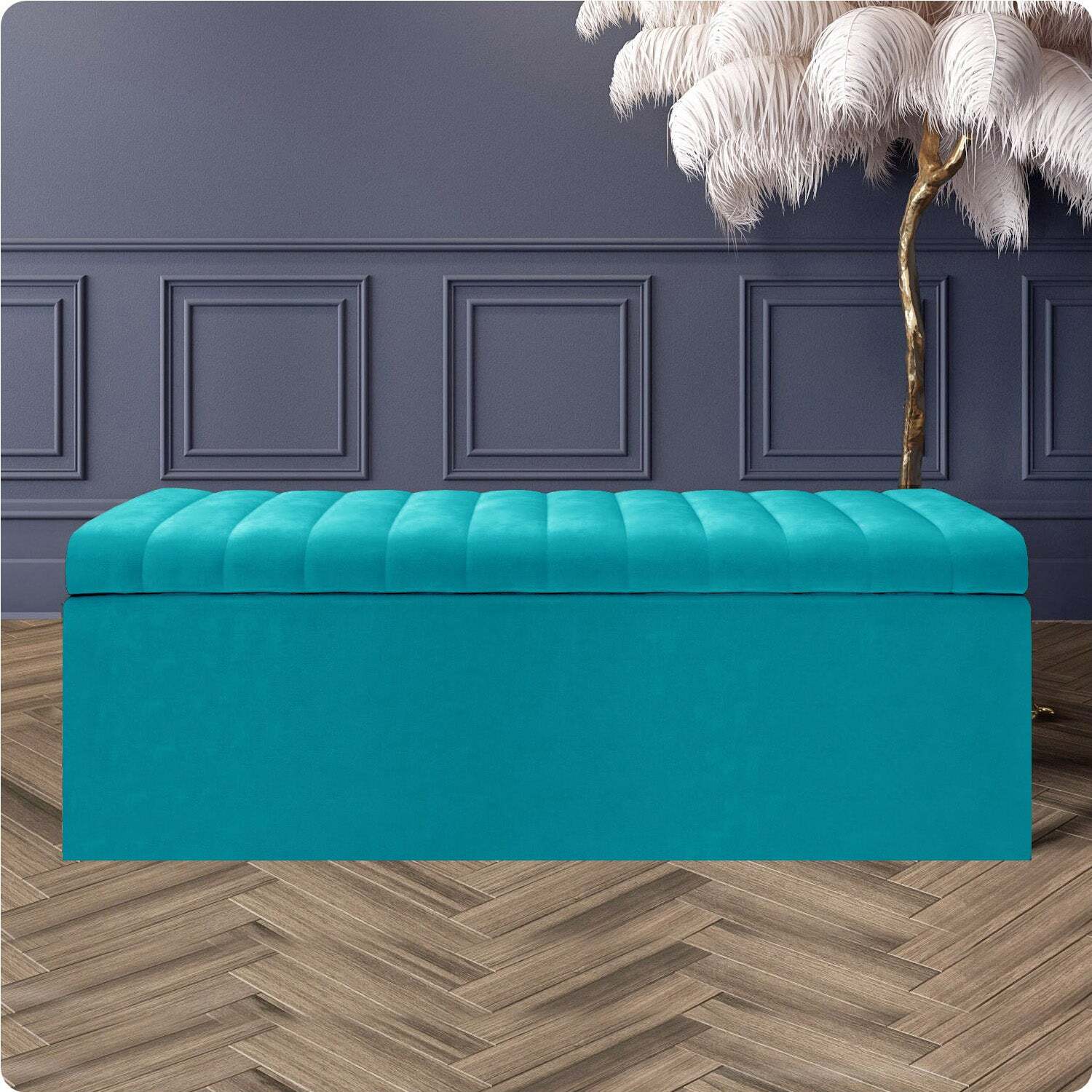 R&M Furnishers Safar Ottoman Storage Box, Plush Velvet Striped Upholstered Blanket Chest, End Of Bed Bench - Teal Plush Velvet