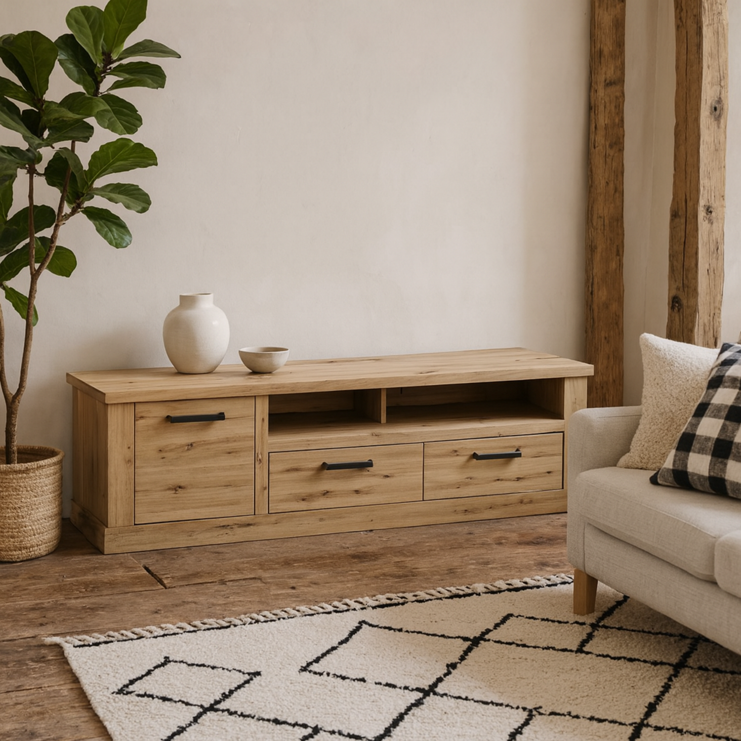 Tampere TV Unit in Artisan with Handles 1 Door and 2 Drawers - Natural