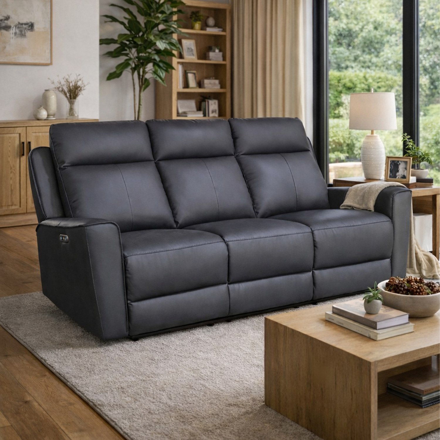 Aspire Rivington Real Leather Power Recliner Three Seater Sofa With Usb Charging - Charcoal
