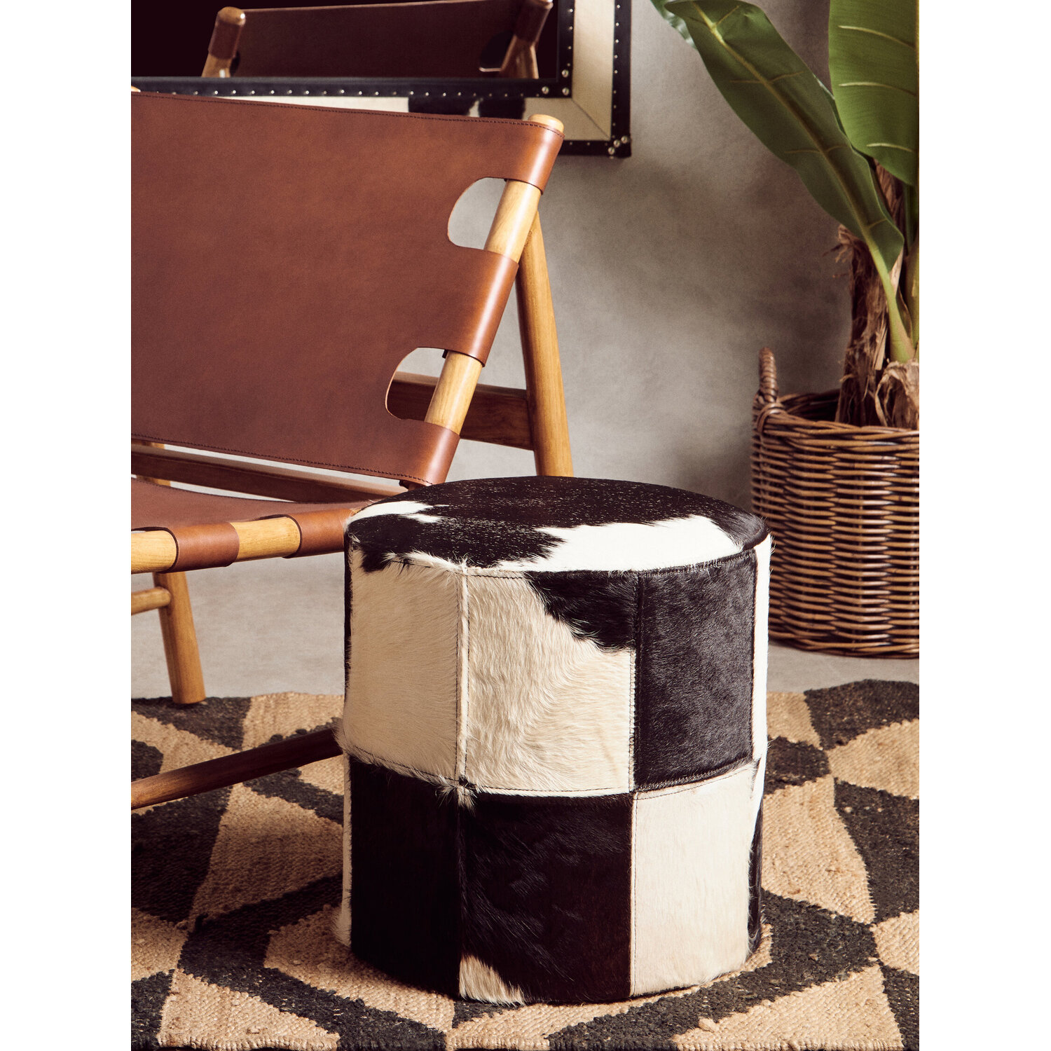 Kensington Townhouse Cowhide Hair on Leather Stool - Black & White
