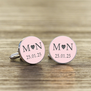 Personalised Coloured Initials & Date Cufflinks - Silver Finish