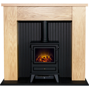 Adam New England in Oak and Black with Hudson Electric Stove in Black, 48 Inch