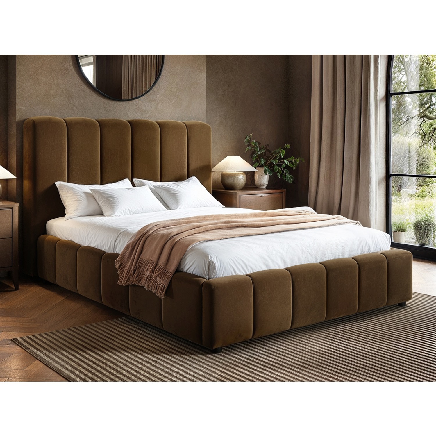 Solace+Co Emilie Ribbed Ottoman Bed Brown Velvet - Brown / King