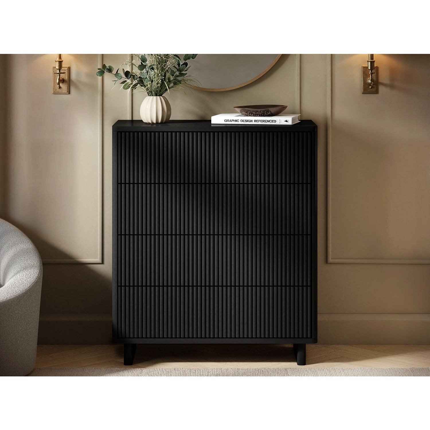 Solace+Co Velmor Ribbed Chest Of 5 Drawers - Black