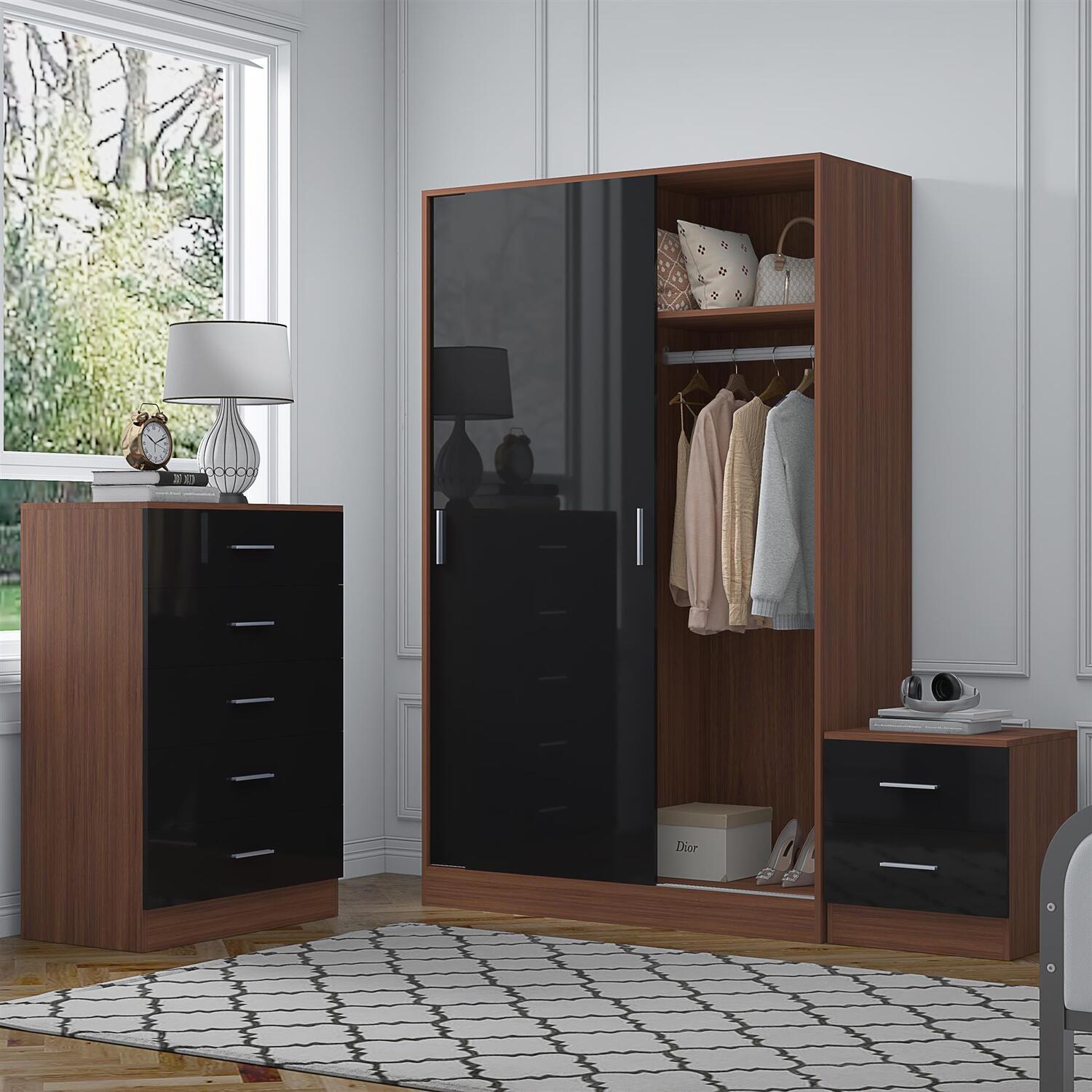 Reflect Bundle - Sliding Wardrobe + Tall Chest + Bedside - Black/Walnut - Black Gloss / Matt Walnut