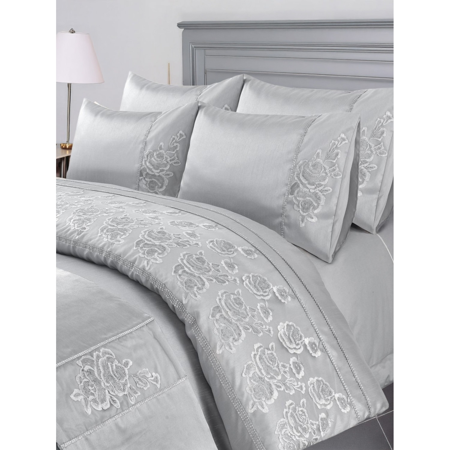 Duvet Cover And Pillowcase Set Silver Or Pink Embroided Luxury Design Polyester Bed Linen - Silver / Superking