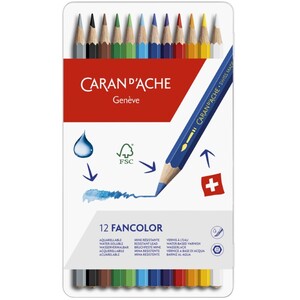 Fancolor Aquarelle 12 Water-Resistant Colour Pencils, Metal Tin Set