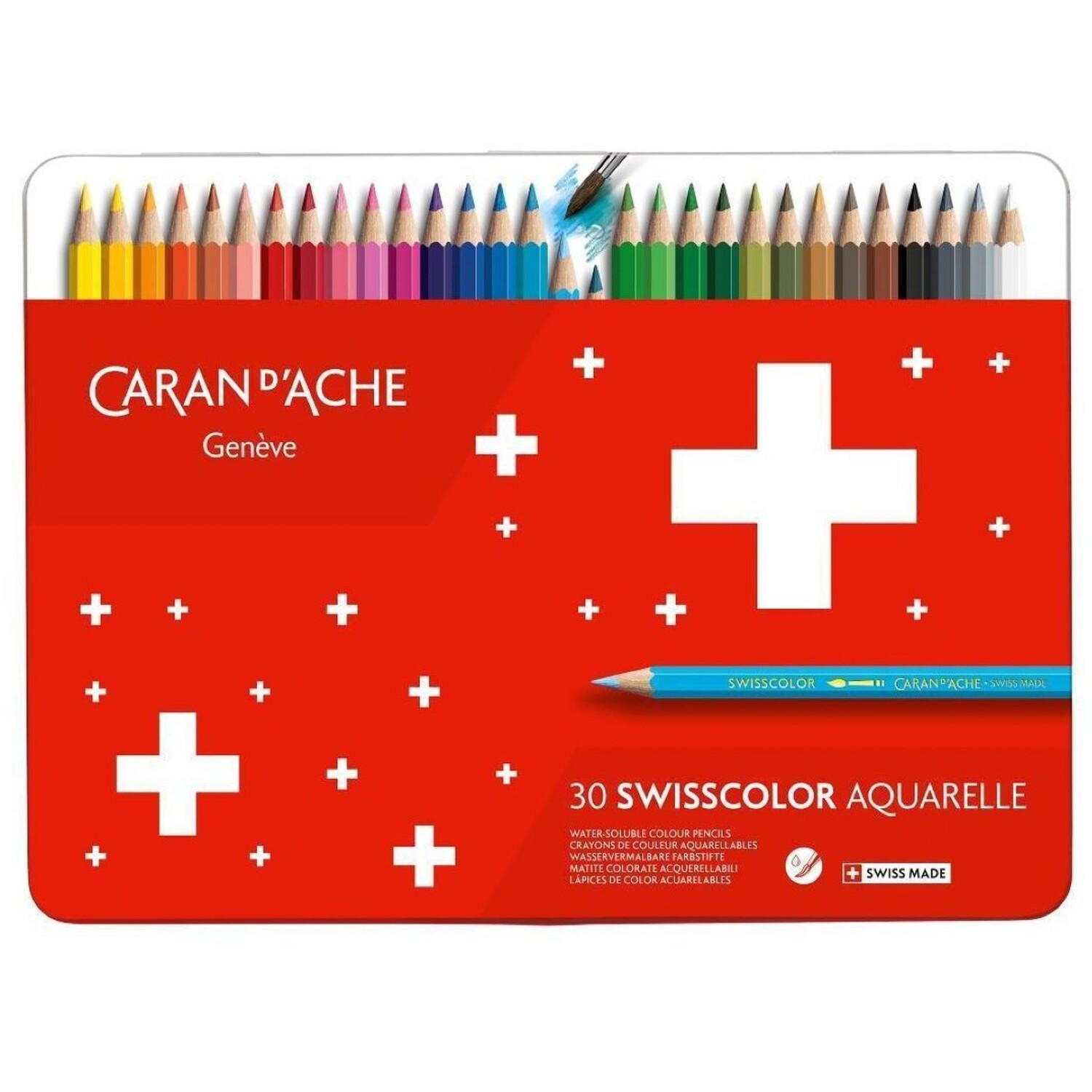 Caran D'ache Swisscolor Aquarelle 30 Water-Soluble Colour Pencils - Metal Tin Set - Assorted Colours