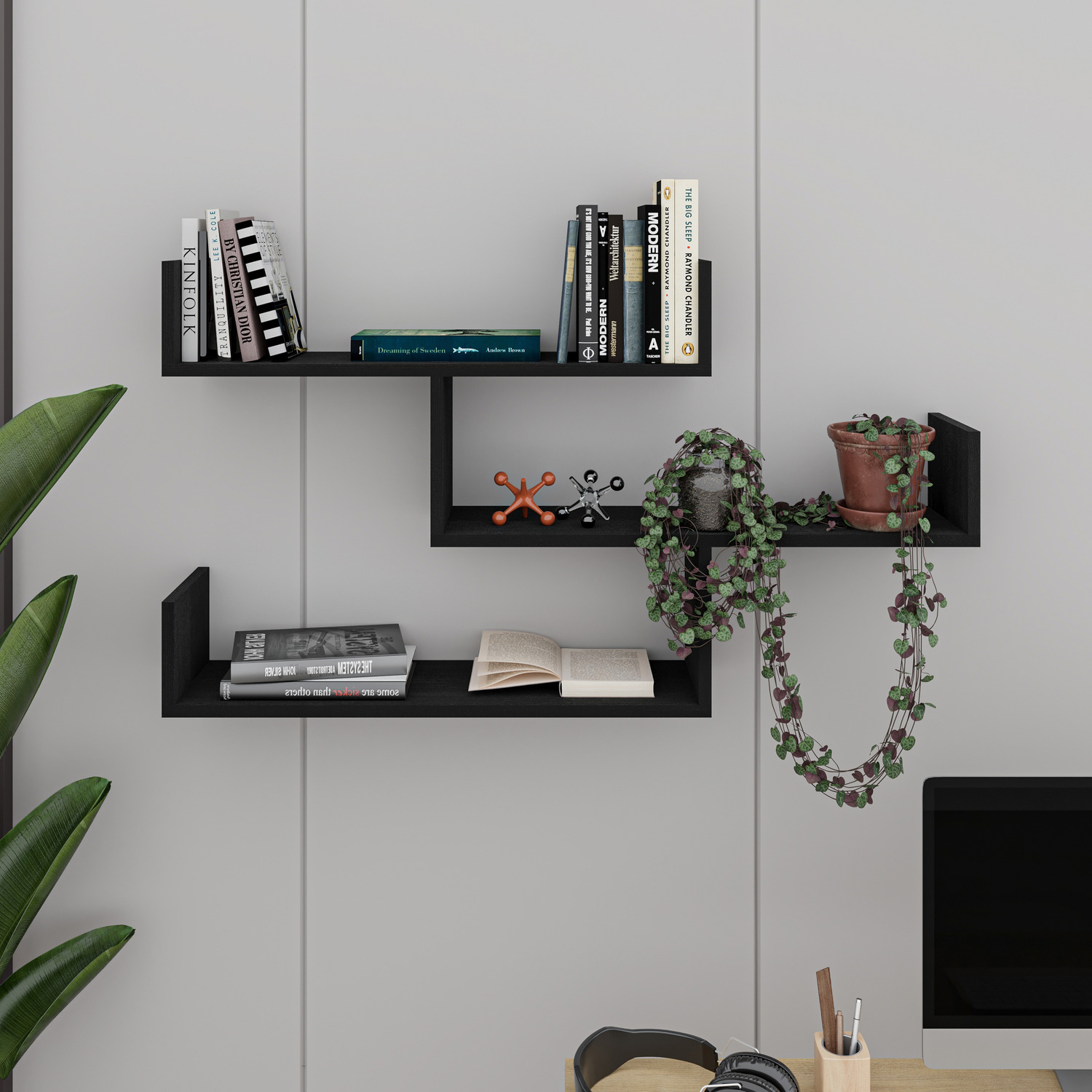 Decortie Tibet Wall Mounted Modern Bookcase Display Unit - Black Wood