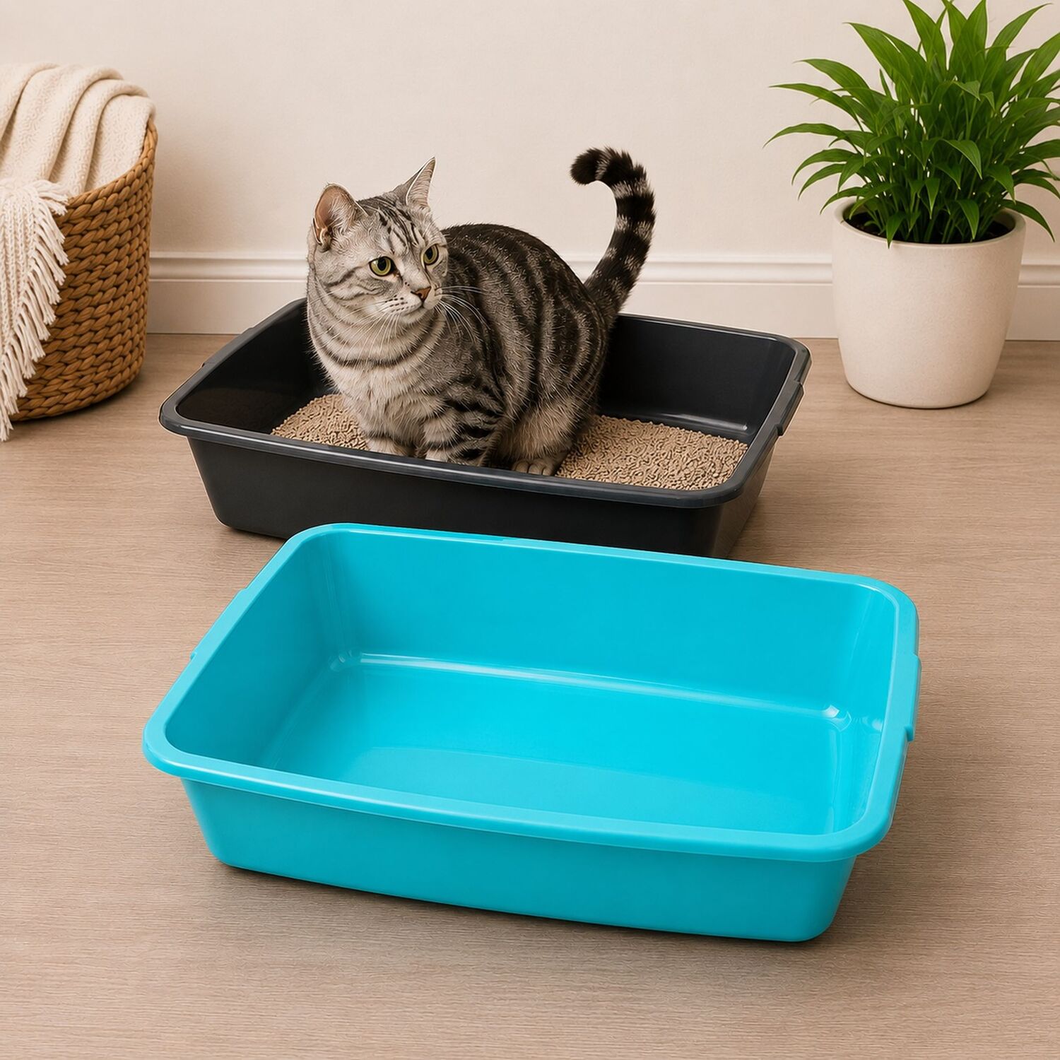 Whitefurze 2X Medium Cat Litter Tray Plastic Pet Toilet Kitten Rabbit Training Liter Box 40Cm - Aqua / Graphite