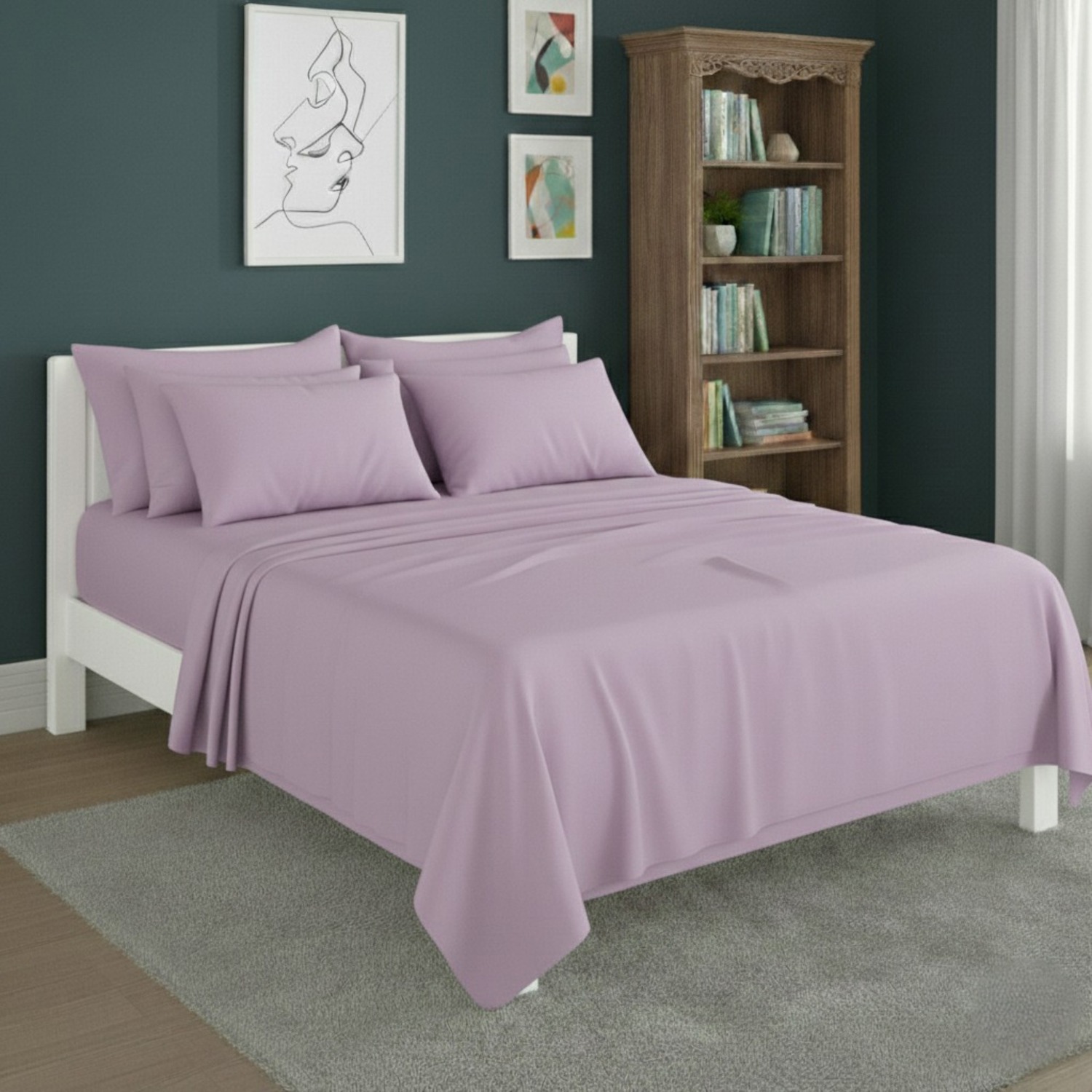 Snug City Plain Poly Cotton Easy Care Fitted Flat Sheet Matching Pillowcases Set in Lilac | Size: Single