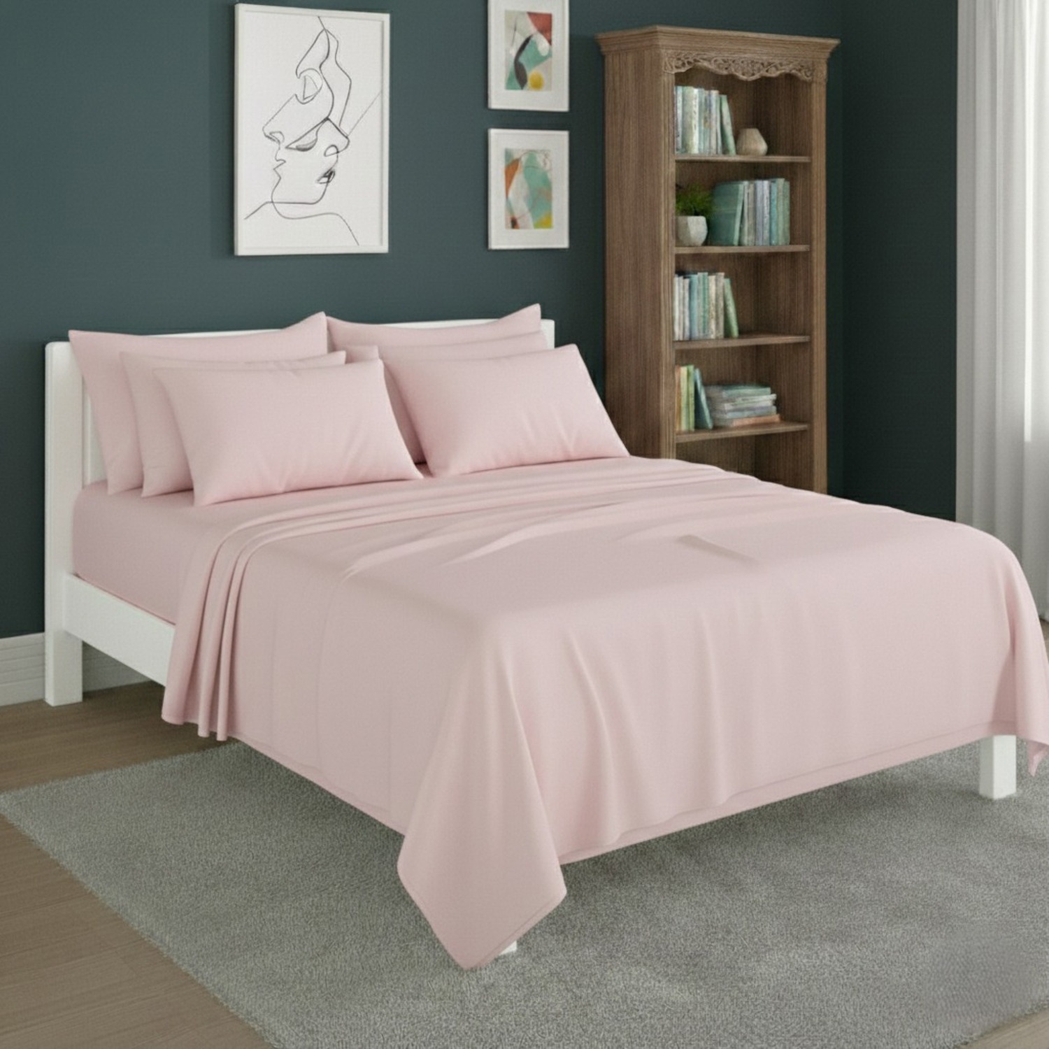 Snug City Plain Poly Cotton Easy Care Fitted Flat Sheet Matching Pillowcases Set in Pink | Size: Double