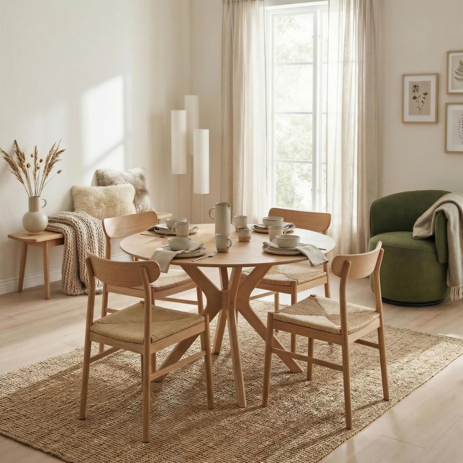 Furniturebox Uk Mette Round Oak Veneer Dining Table 4 Bonnie Chairs - Oak