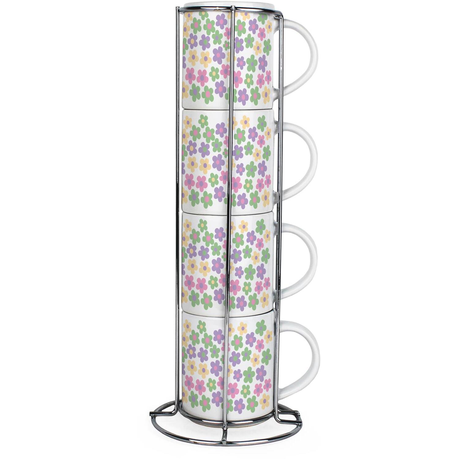 Purely Home Pastel Daisies Small Stacking Mugs Gift - Set Of 4 Ceramic Cups With Metal Stand - Multicoloured