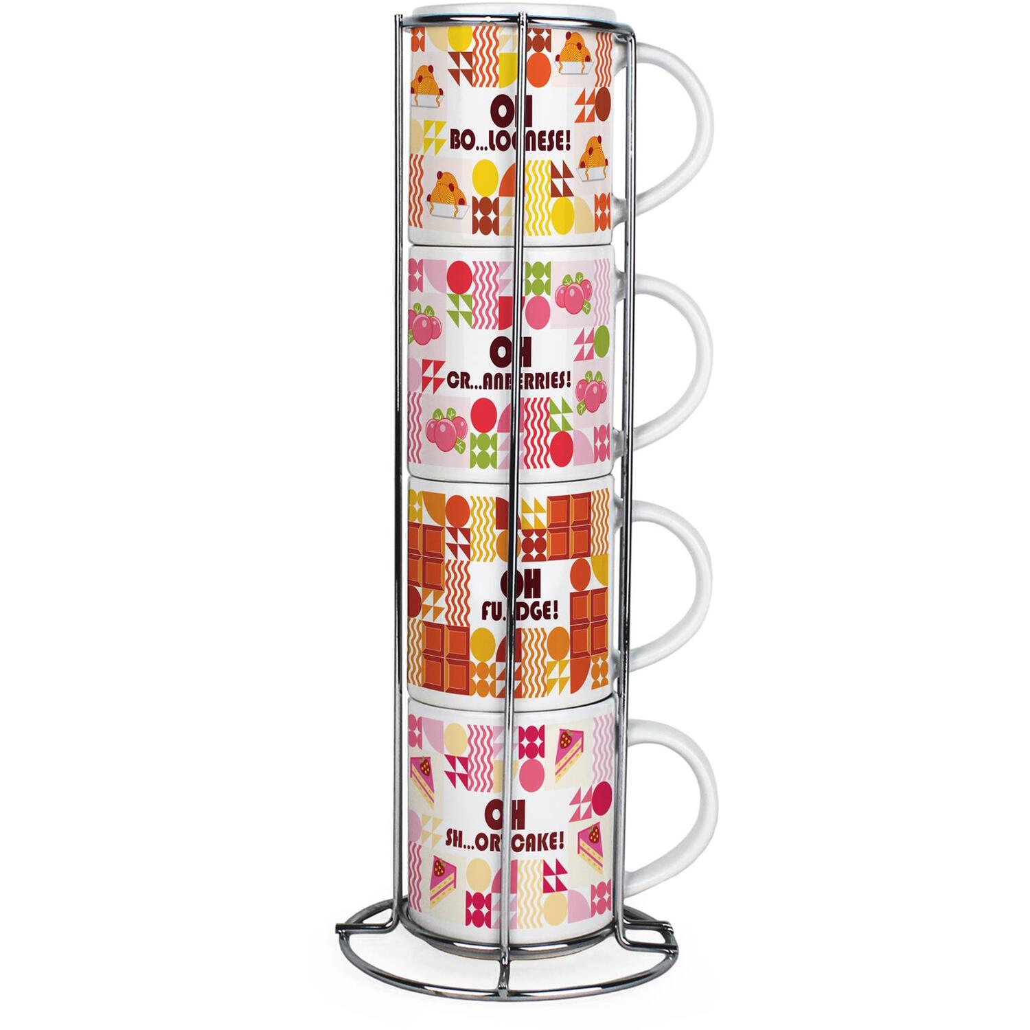 B&Q - Novelty Food Themed Stacking Mugs Set GiftGeometric Swear Words Funny Set Of 4 Ceramic Mugs Set With Metal Stand - Image 2