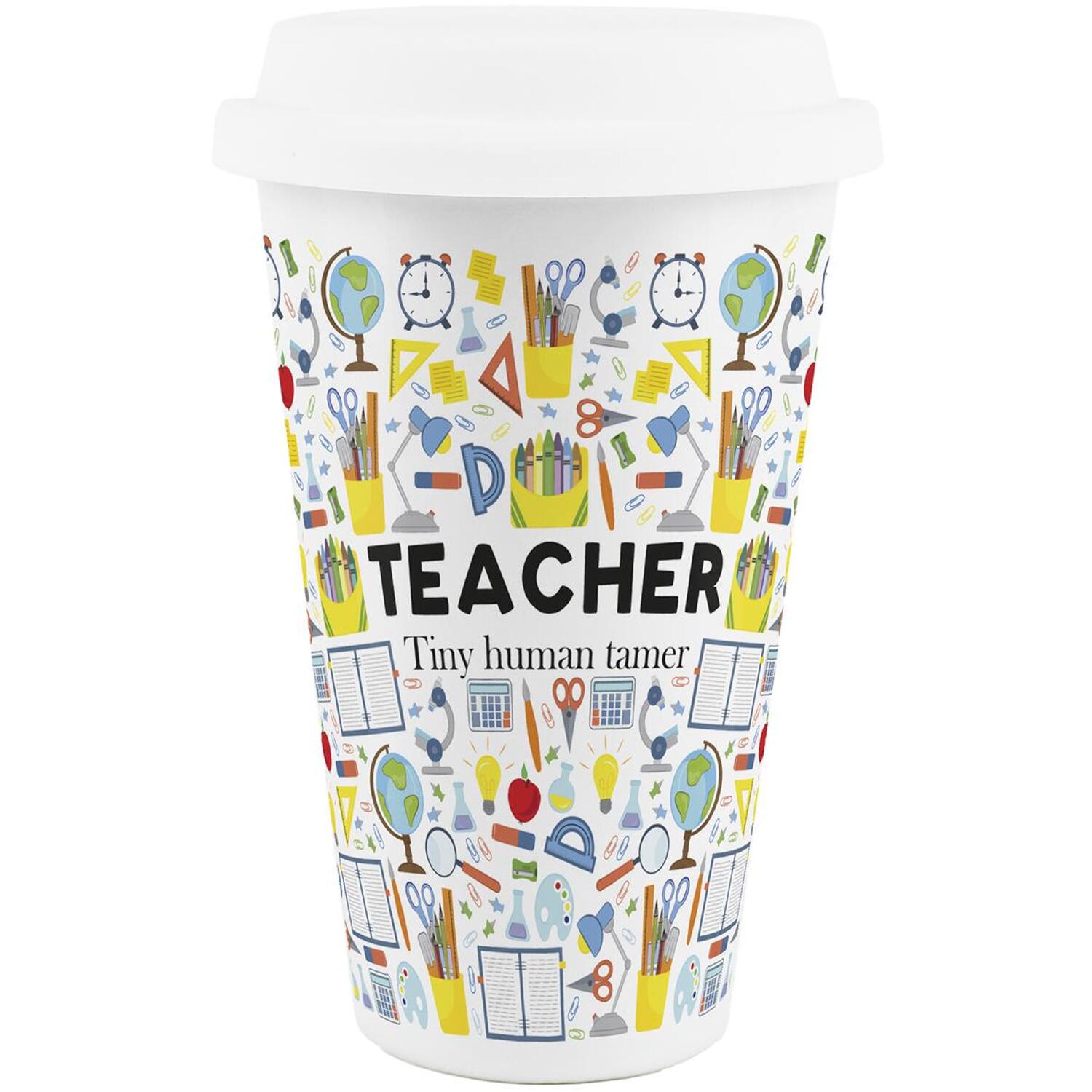 Purely Home Novelty Teacher Ceramic Travel Mug - Reusable Drinks Cup Gift - White