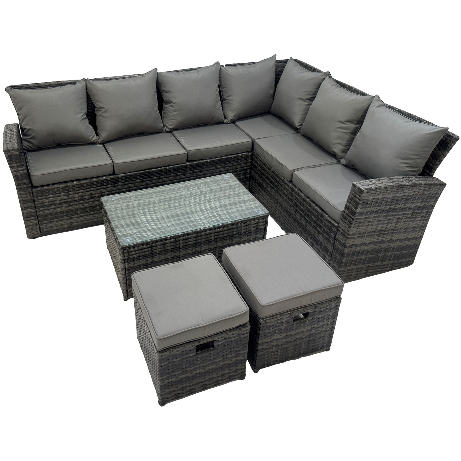 Fimous Unisex Dark Grey Wicker Pe Outdoor Garden Furniture Set High Back Rattan Corner Sofa Set With Rectangular Coffee Table 2 Footstools In Small - Image 2