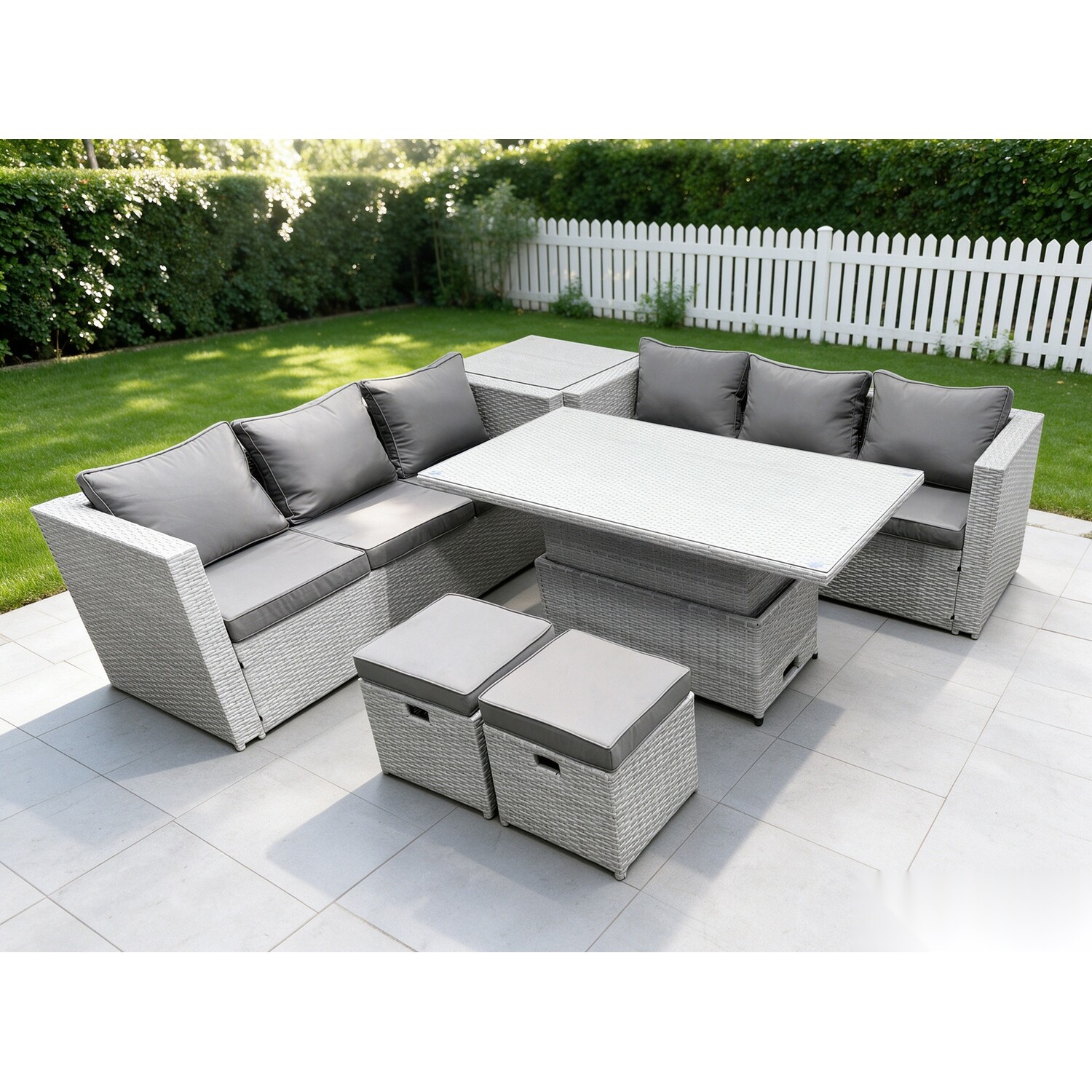 Fimous Unisex Light Grey Rattan Garden Funiture Set Height Adjustable Rising Lifting Table Sofa Dining Set With Side Table Stool In Size 2 - Image 2