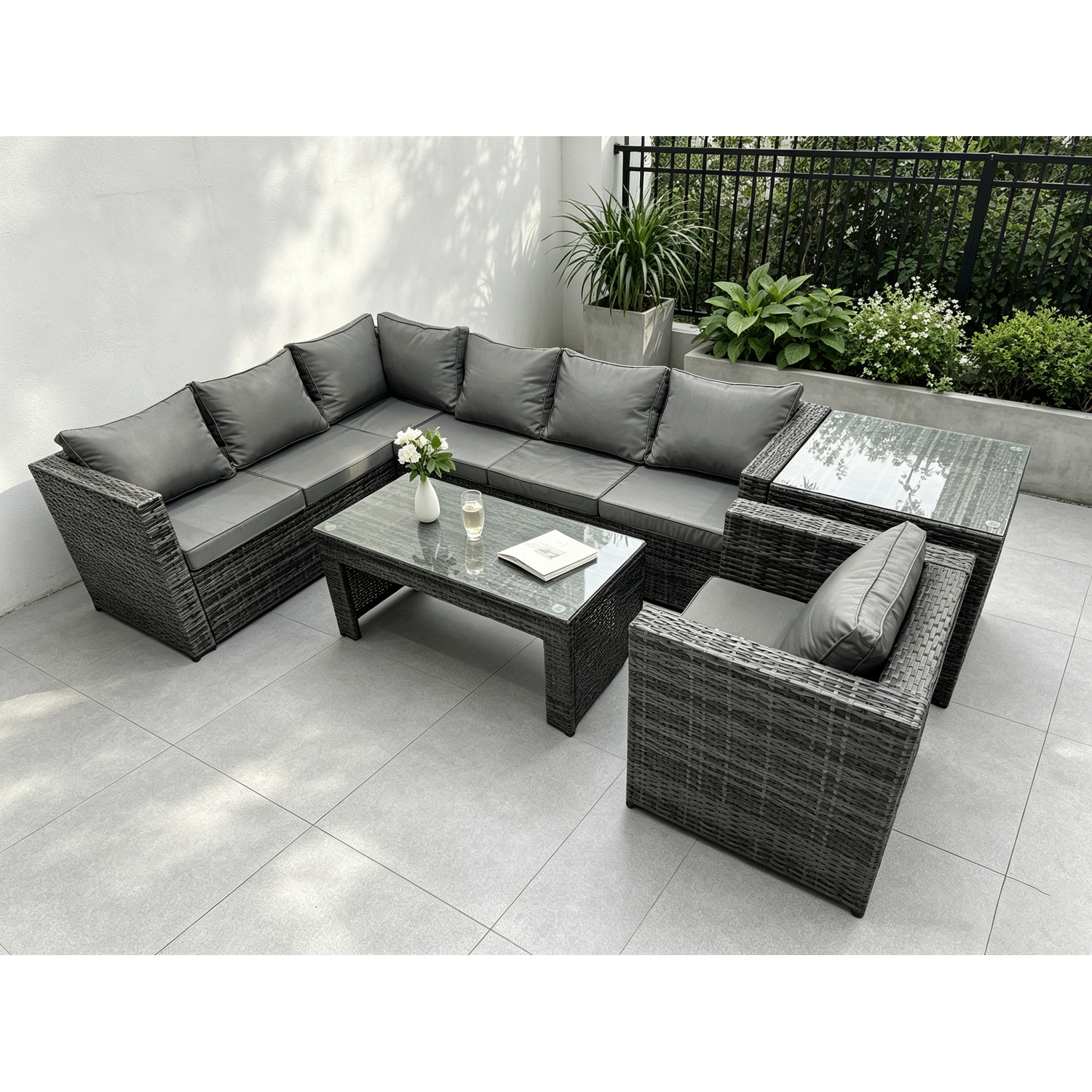 Fimous Dark/Grey 7 Seater Rattan Corner Sofa Lounge Sofa Set With Rectangular Coffee Table With Arm Chair And Side Table Mixed Left Hand - Image 2