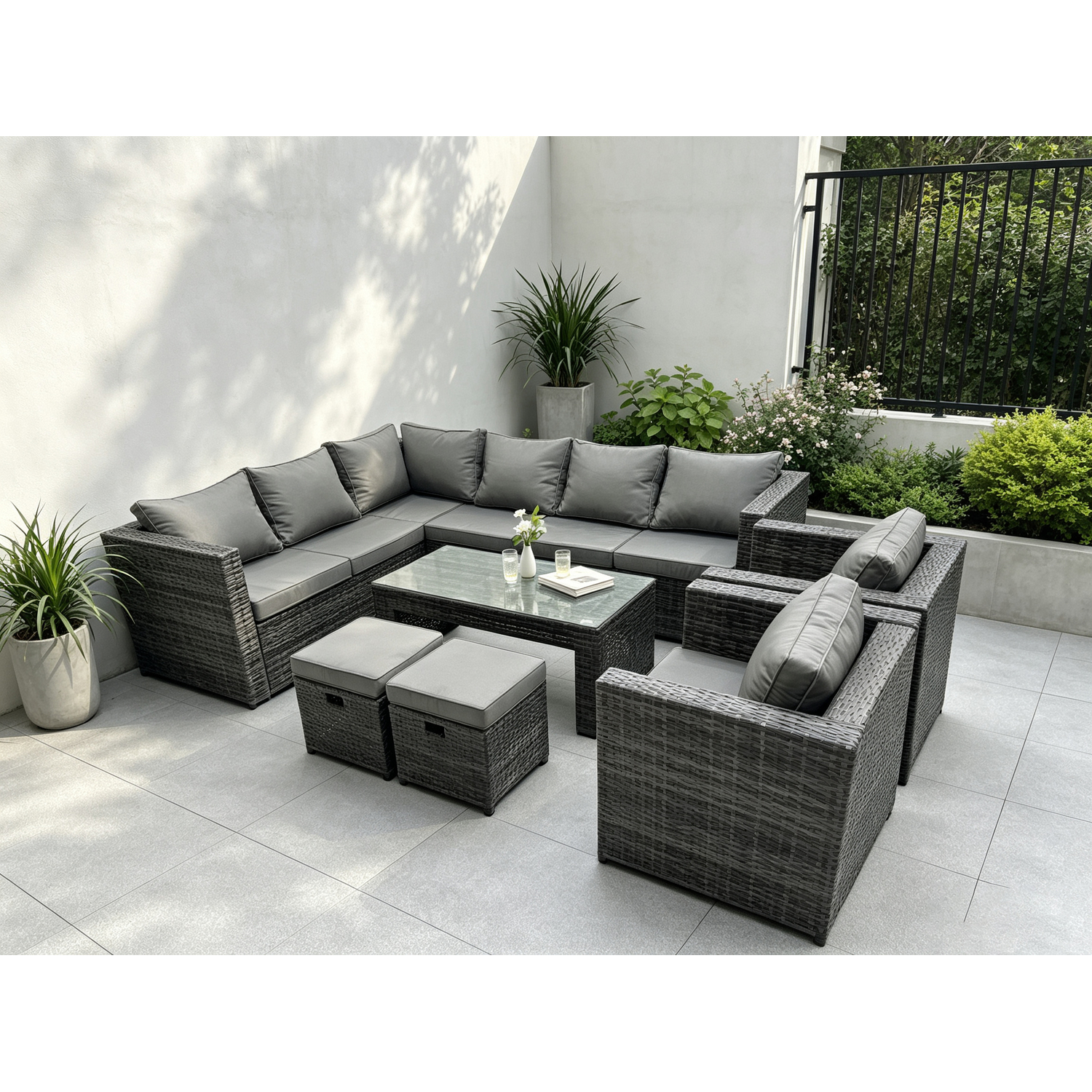 Rackhams Dark/Grey 10 Seater Rattan Corner Sofa Lounge Sofa Set With Rectangular Coffee Table 2 Stool Mixed Left Hand - Image 2