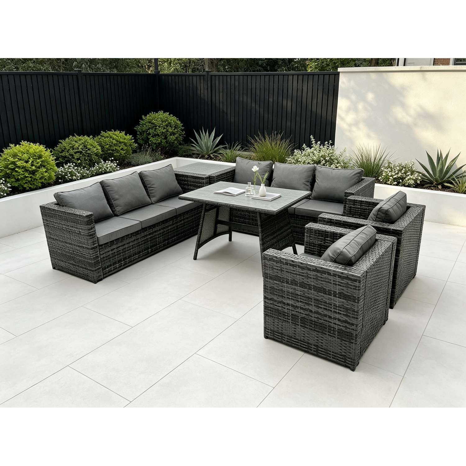 Fimous Dark/Grey Rattan Outdoor Furniture Sofa Garden Dining Set With Patio Dining Table 2 Armchairs Side Table 8 Seater Mixed - Image 2