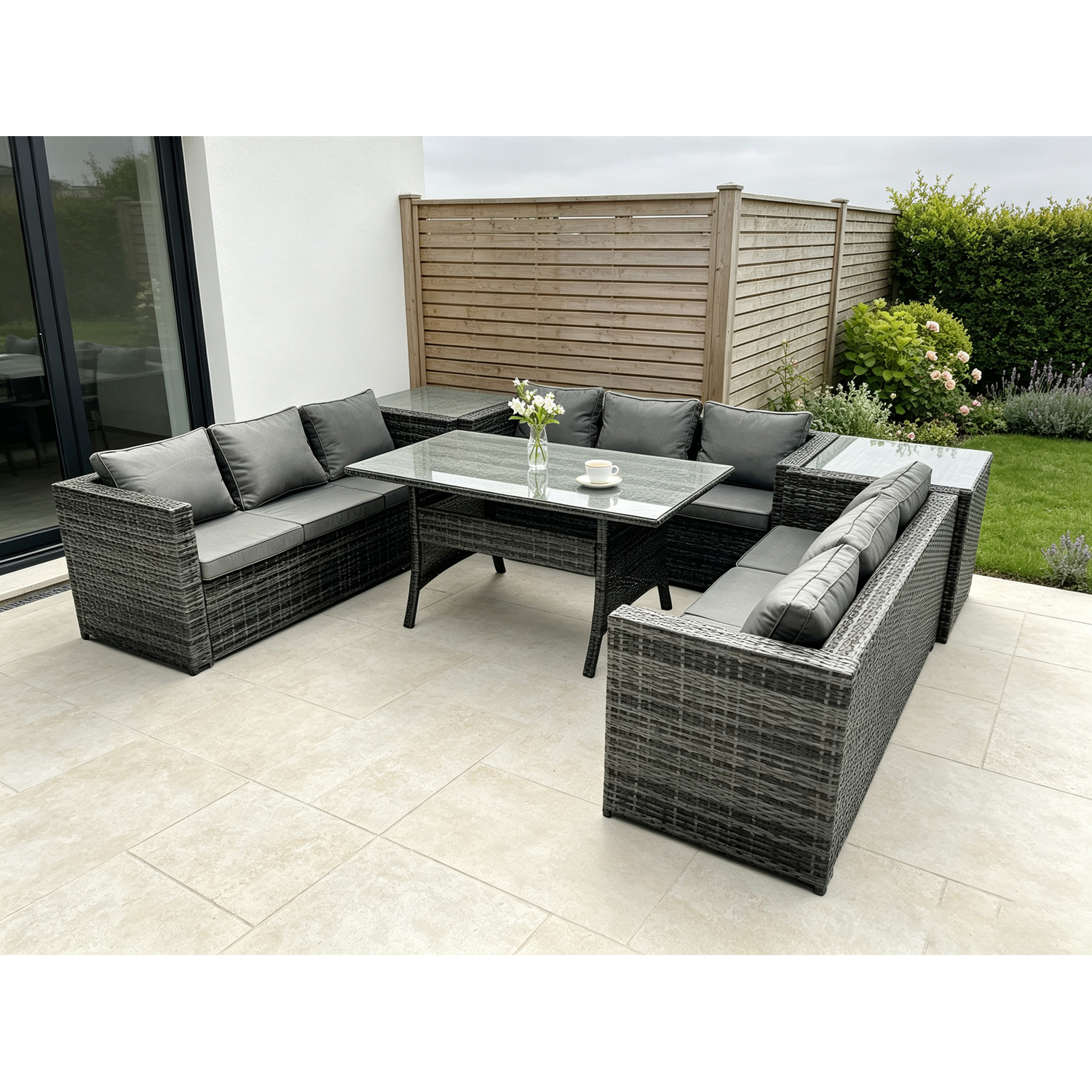 Fimous Wicker Outdoor Garden Furniture Rattan Lounge Sofa Set Patio Rectangular Dining Table With 2 Side Table 9 Seater Dark Grey - Image 3
