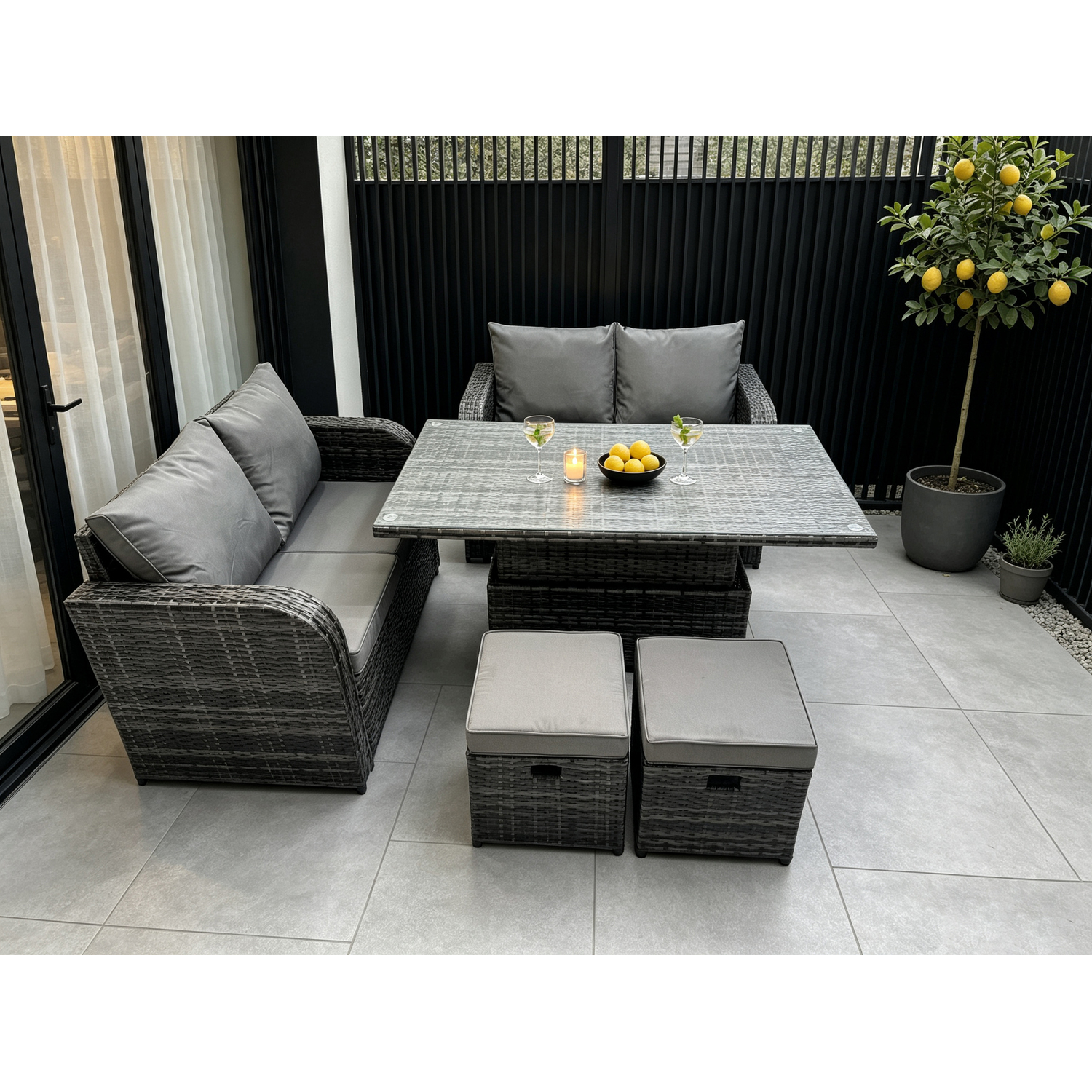 B&Q - Outdoor Rattan Furniture Garden Dining Set Height Adjustable Rising Lifting Table Love Sofa Set With 2 Small Footstools - Image 2