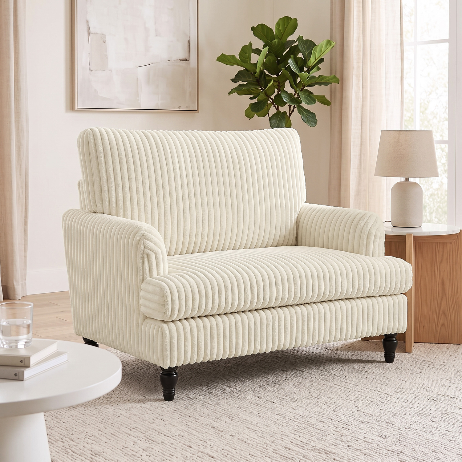 Homcom Corduroy Single Sofa Armchair With Stripes, Cream - Image 3