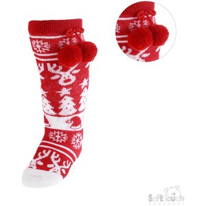 Knee - Pom - Pom Christmas Socks Red White w Christmas Print