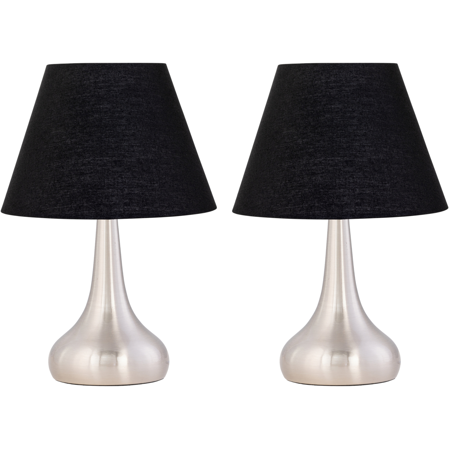 First Choice Lighting Set Of 2 Romana Brushed Chrome Touch Table Lamps With Black Shades - Satin Nickel & Black - Image 2