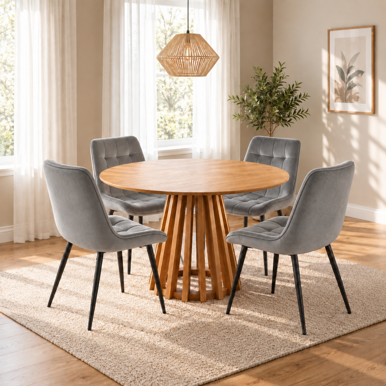 Madefor.Living Kayci Round Oak Dining Table and 4 Erica Velvet Chairs Set in Grey - Image 3