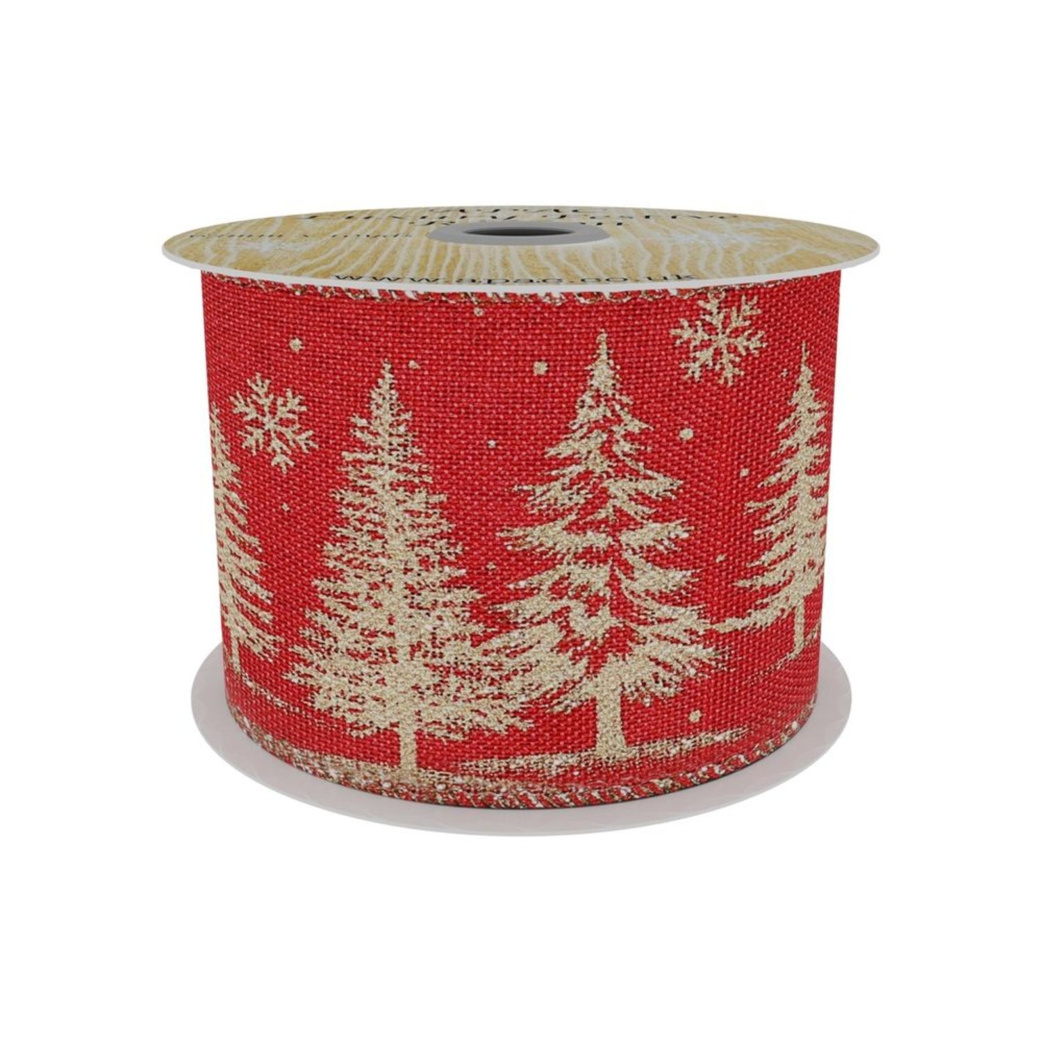 Kdmd Red Mesh Ribbon With Gold Xmas Tree Print X 10Yd - Red