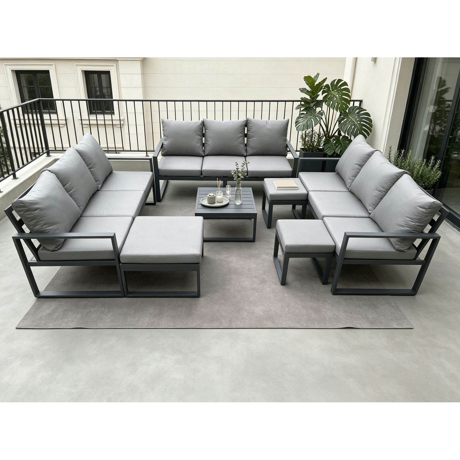 Fimous Unisex Dark Grey Aluminium Outdoor Garden Furniture Set Patio Lounge Sofa With Square Coffee Table Footstools Conservatory Set Size 3 - Image 2