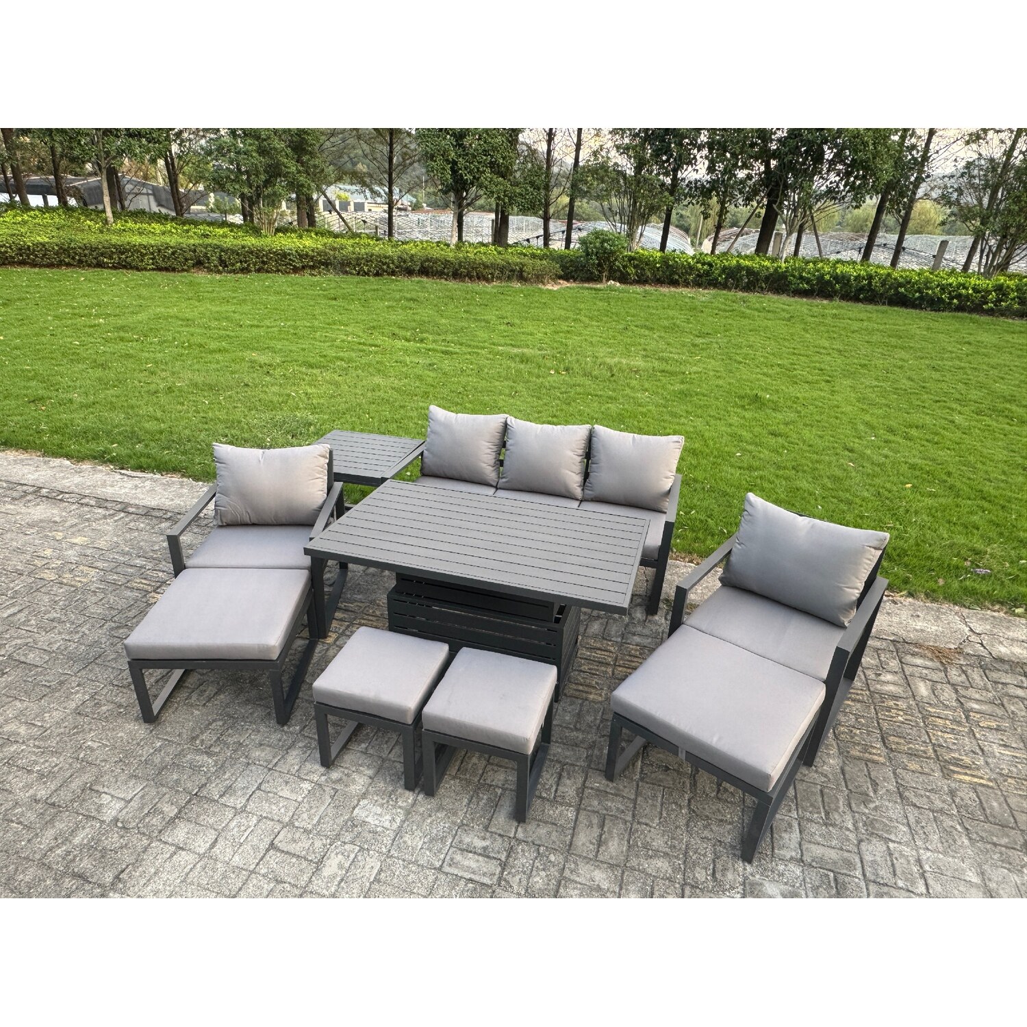 Rackhams Grey 9 Seater Aluminium Garden Furniture Set With Adjustable Rising Dining Table, 2 Chairs, 4 Footstools, Side Table - Image 2